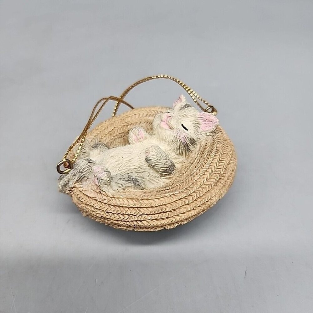 Vintage Christmas Ornament Sleeping Cat In Hat Basket